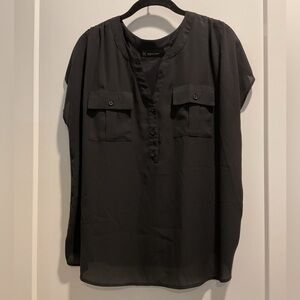 INC International Concepts Black Cap-Sleeve Split-Neck Blouse 0X